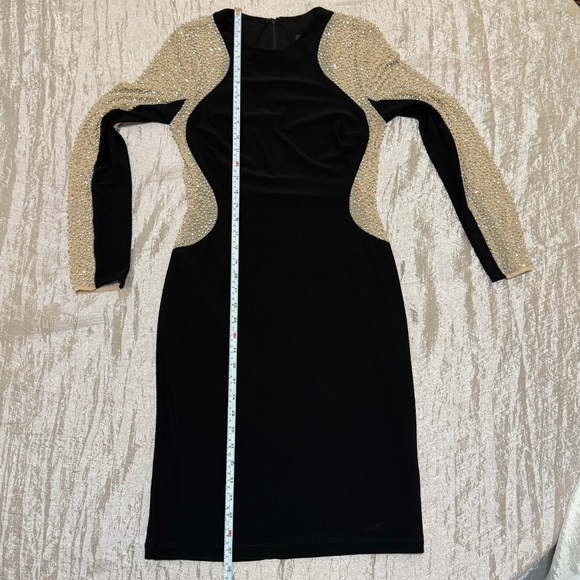 XSCAPE Dress Sz 6 Silver Beaded Black Stretch Mini Illusion Slimming Long Sleeve - Picture 10 of 15